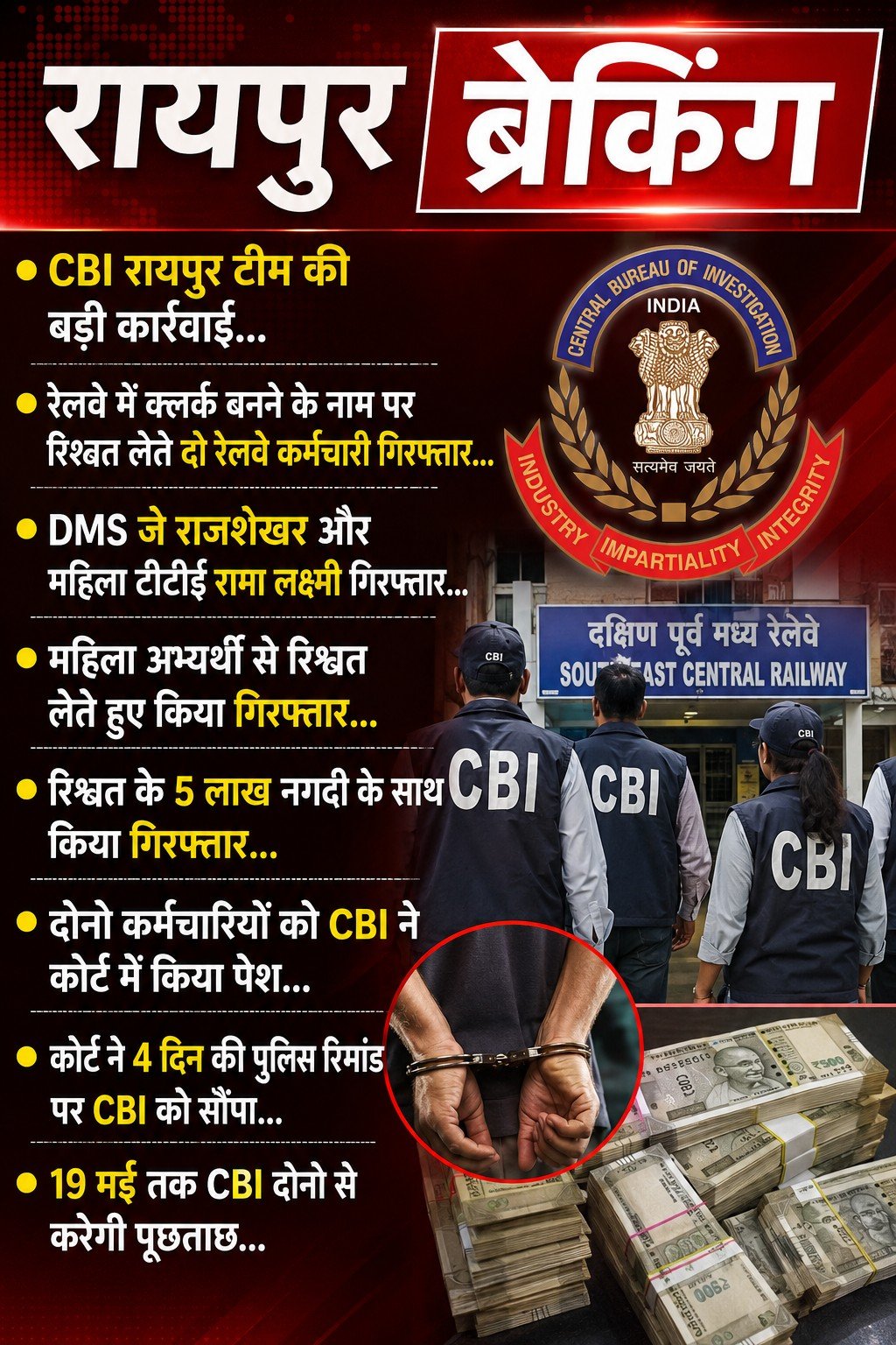 रायपुर ब्रेकिंग- रेलवे में नौकरी दिलाने के नाम पर रिश्वत लेने वाले दो कर्मचारी CBI के शिकंजे में रायपुर ब्रेकिंग- रेलवे में नौकरी दिलाने के नाम पर रिश्वत लेने वाले दो कर्मचारी CBI के शिकंजे में