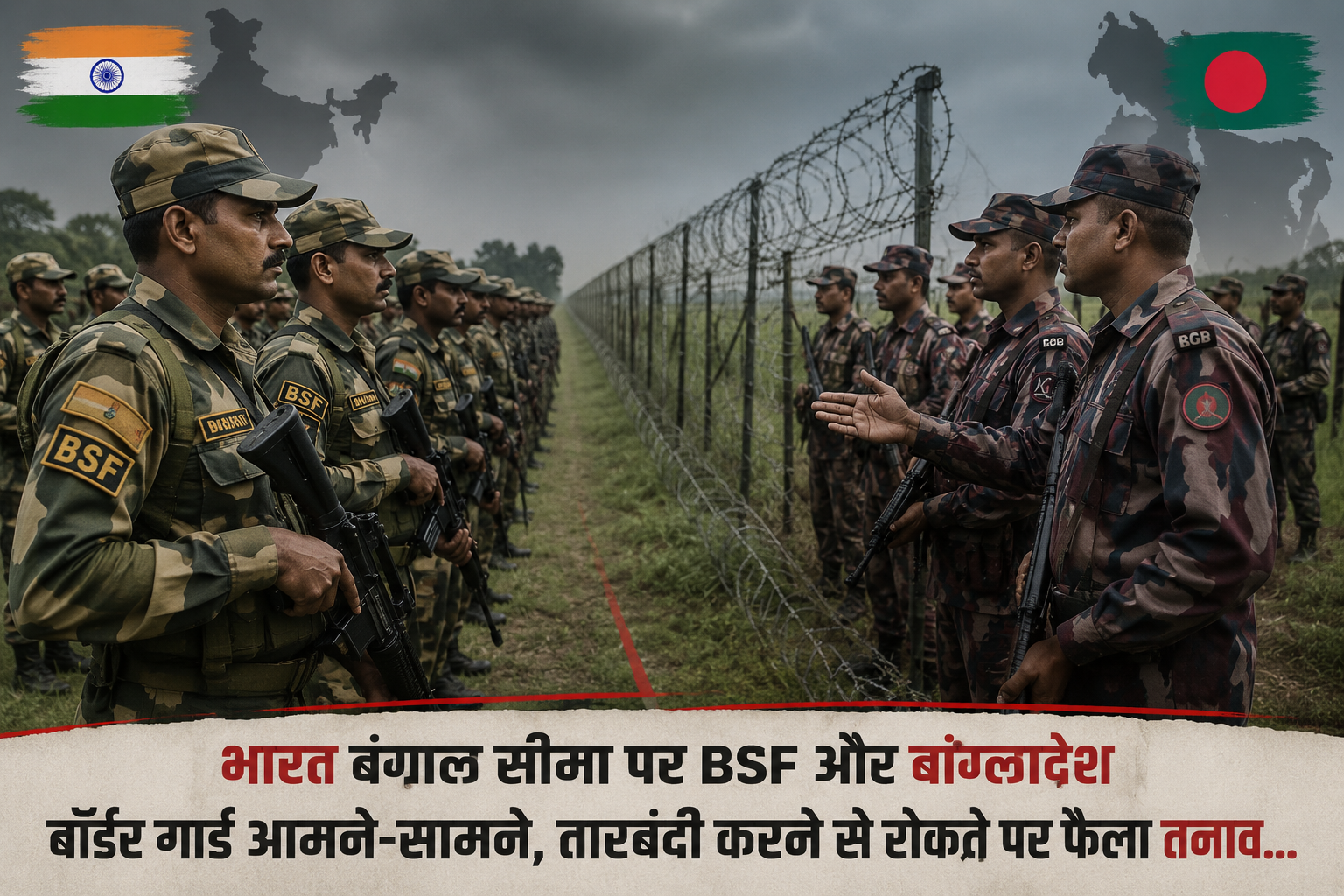 भारत बंगाल सीमा पर BSF और बांग्लादेश बॉर्डर गार्ड आमने-सामने, तारबंदी करने से रोकने पर फैला तनाव… भारत बंगाल सीमा पर BSF और बांग्लादेश बॉर्डर गार्ड आमने-सामने, तारबंदी करने से रोकने पर फैला तनाव…