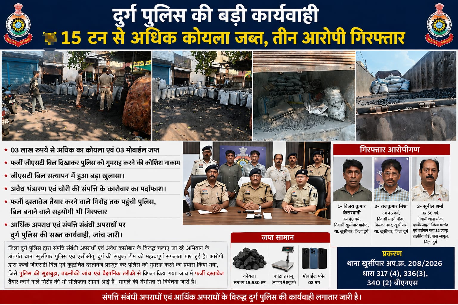 दुर्ग पुलिस का बड़ा एक्शन: फर्जी GST बिल से चल रहे अवैध कोयला कारोबार का भंडाफोड़, 15 टन कोयले के साथ 3 गिरफ्तार दुर्ग पुलिस का बड़ा एक्शन: फर्जी GST बिल से चल रहे अवैध कोयला कारोबार का भंडाफोड़, 15 टन कोयले के साथ 3 गिरफ्तार