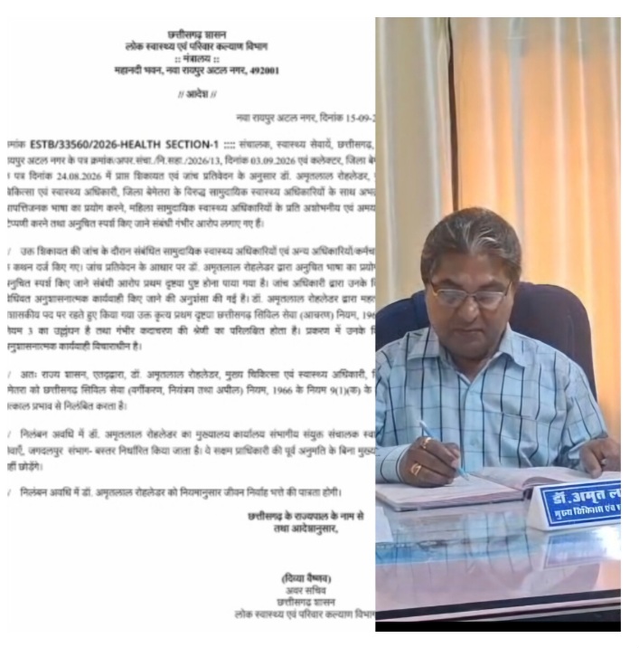 महिला स्वास्थ्य अधिकारियों से अभद्र व्यवहार के आरोप, बेमेतरा CMHO निलंबित महिला स्वास्थ्य अधिकारियों से अभद्र व्यवहार के आरोप, बेमेतरा CMHO निलंबित